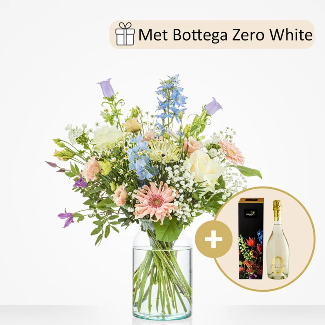 Vrolijk boeket in pasteltinten met fles Bottega Zero White in geschenkverpakking