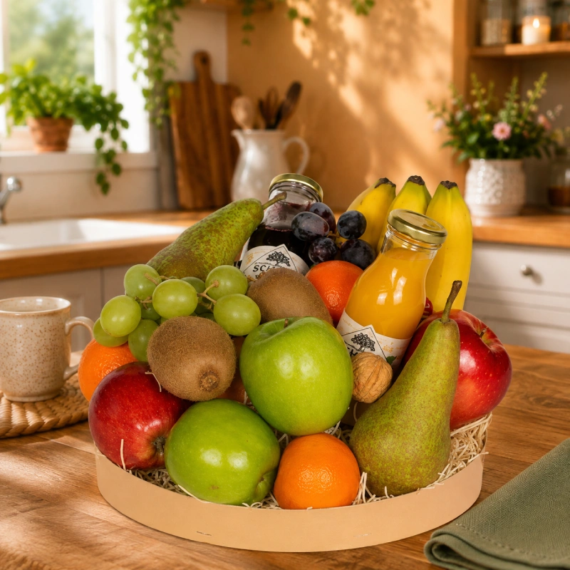 Fruitmand Golden Royal Treat met vers fruit, noten, sap en lekkernijen