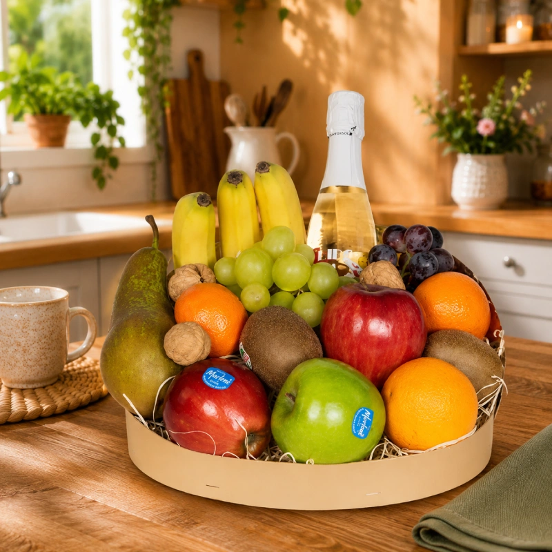 Fruitmand Golden Bubbly Treat met vers fruit, noten en bubbels