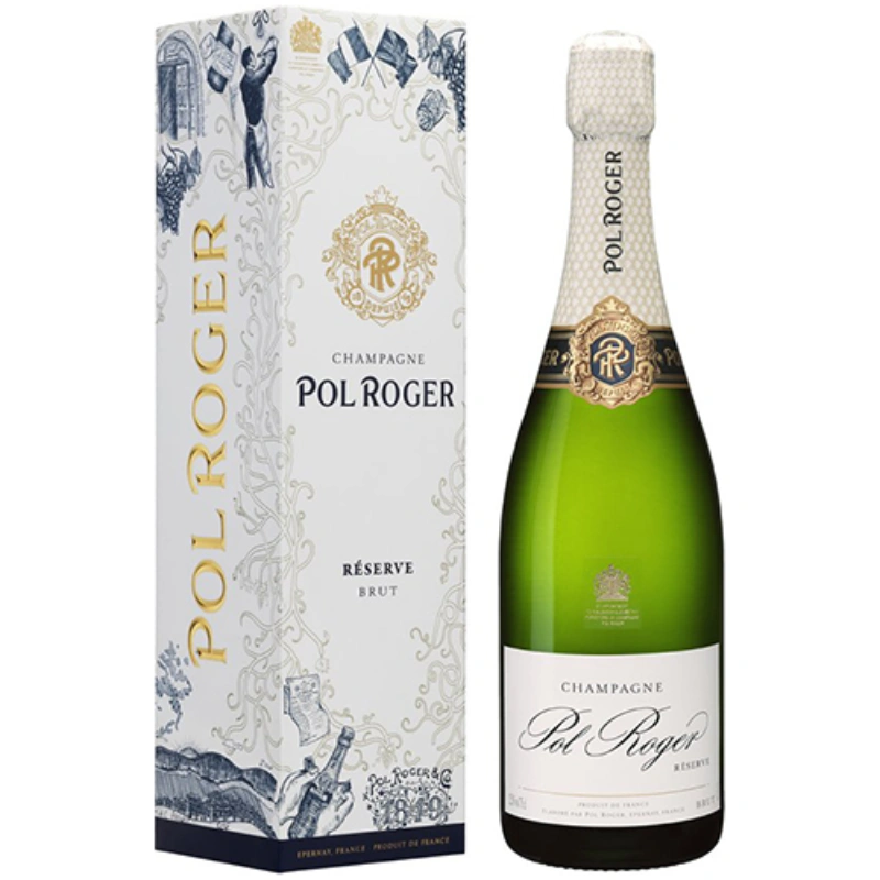 Pol Roger Brut Réserve champagne met feestelijke limited edition geschenkverpakking van het champagnehuis Pol Roger