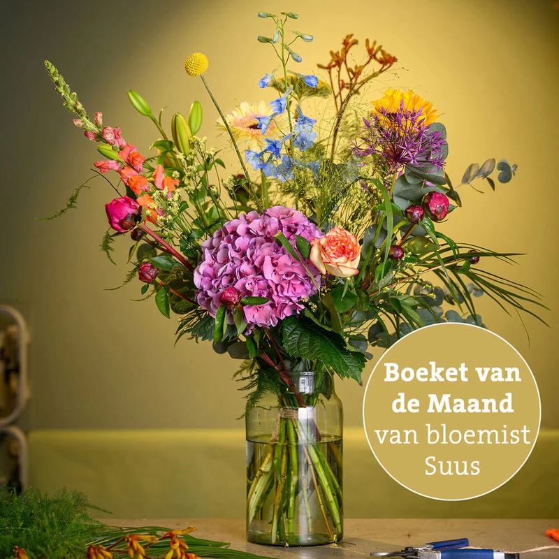 Sfeerfoto van het maandboeket juni op geelgroene achtergrond