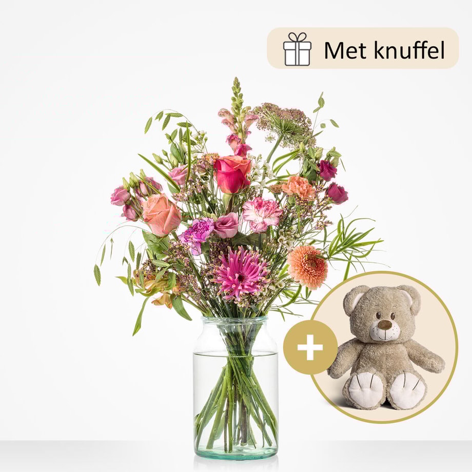 Mooi vrolijk boeket in perzik-tinten met knuffelbeer