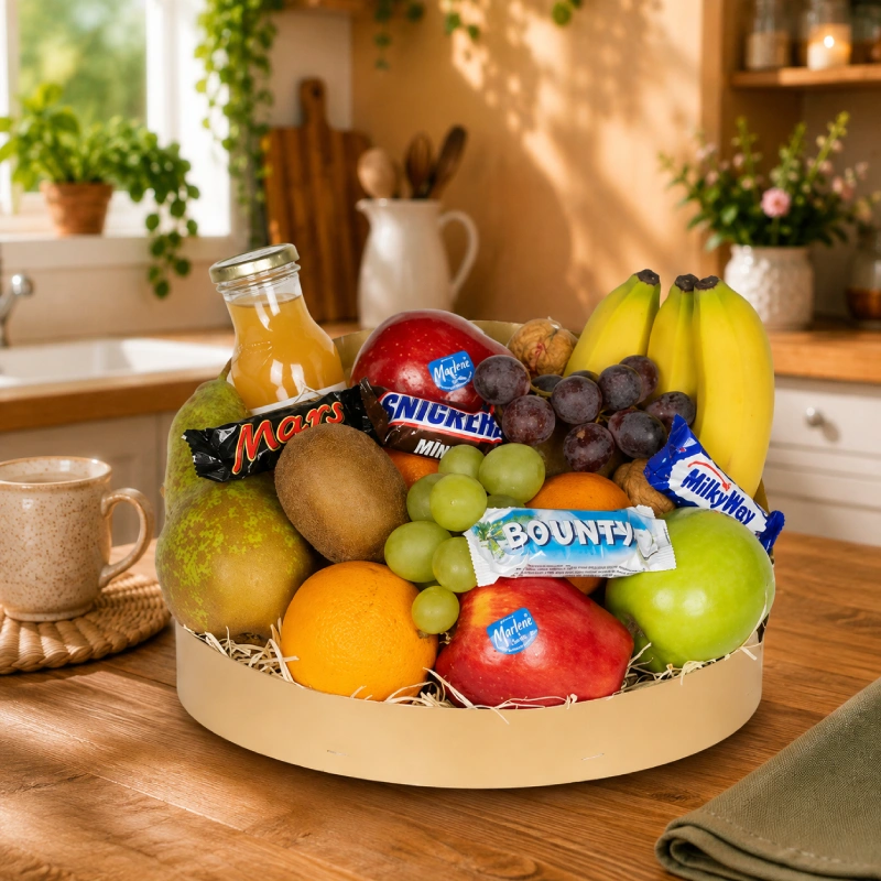 Fruitmand Golden Candy Delight met vers fruit, chocolade en sap