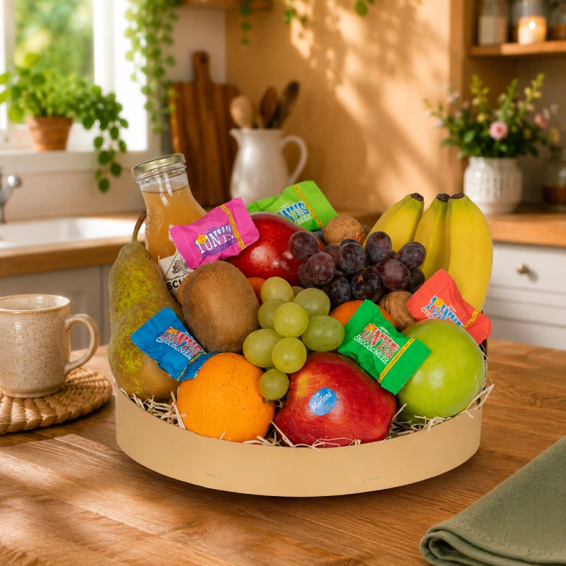 Fruitmand Golden Fair Treat met vers fruit, Fairtrade lekkernijen en sap