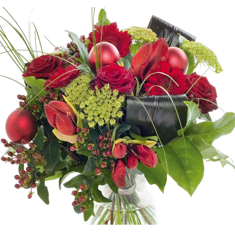 Warm rood kerstboeket met luxe bloemen