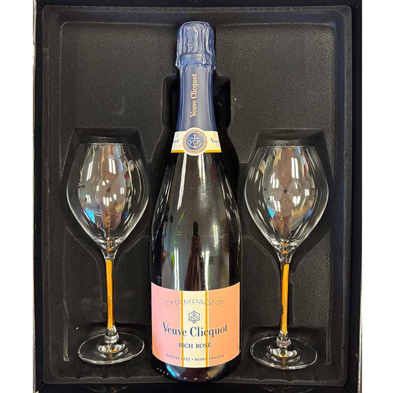 Champagne Veuve Clicquot Rosé 75CL in nette zwarte Geschenkbox met glazen