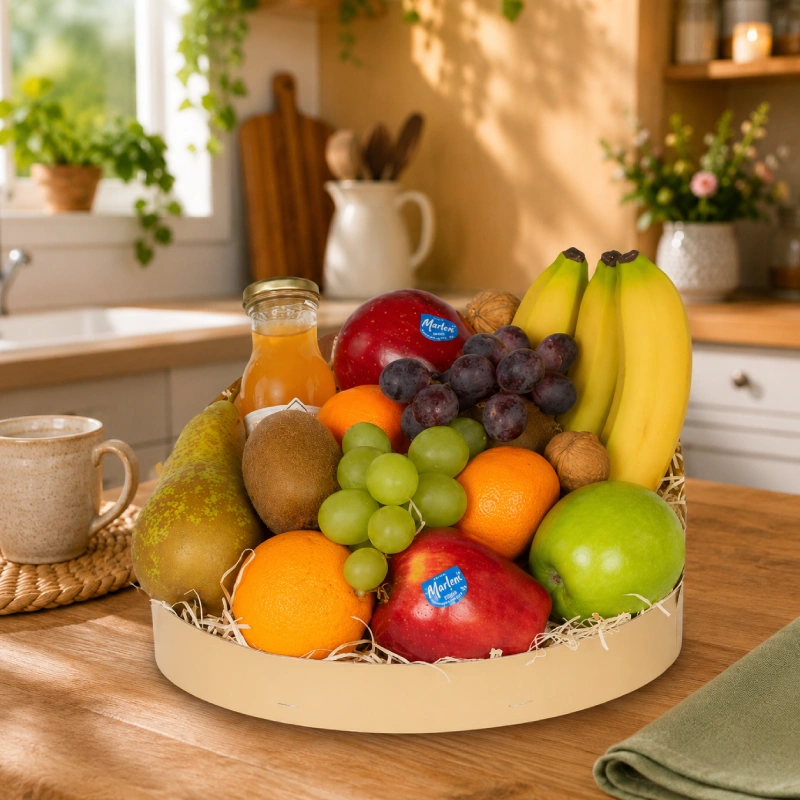 Fruitmand Golden Classic met vers fruit, noten en sap
