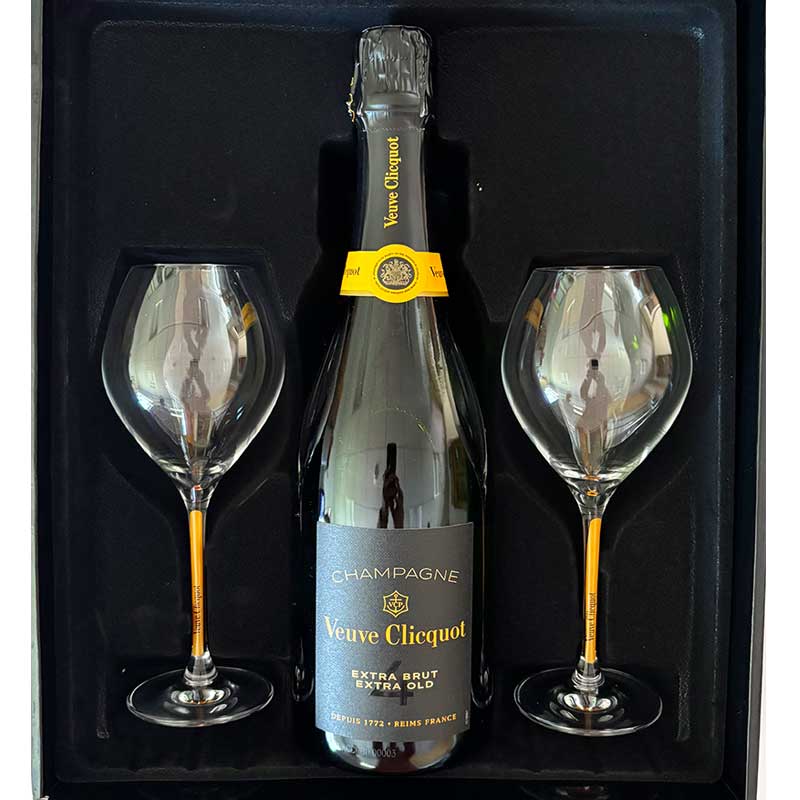 Champagne Veuve Clicquot Rosé 75CL in nette zwarte Geschenkbox met glazen