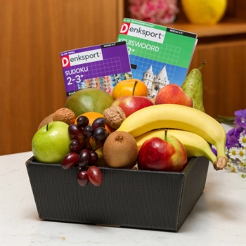 Luxe fruitmand met 2 puzzelboekjes van denksport