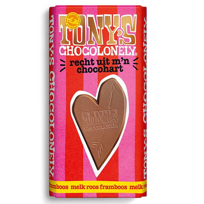 Tony's Chocolonely melk roos framboos "recht uit m'n chocohart"