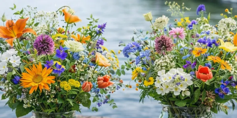 Twee luxe boeketten in vazen op een steiger aan de waterkant