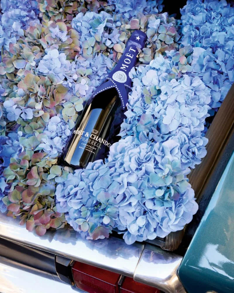 Moët & Chandon Pharrell Limited Edition champagnefles in blauwe hortensia bloemen