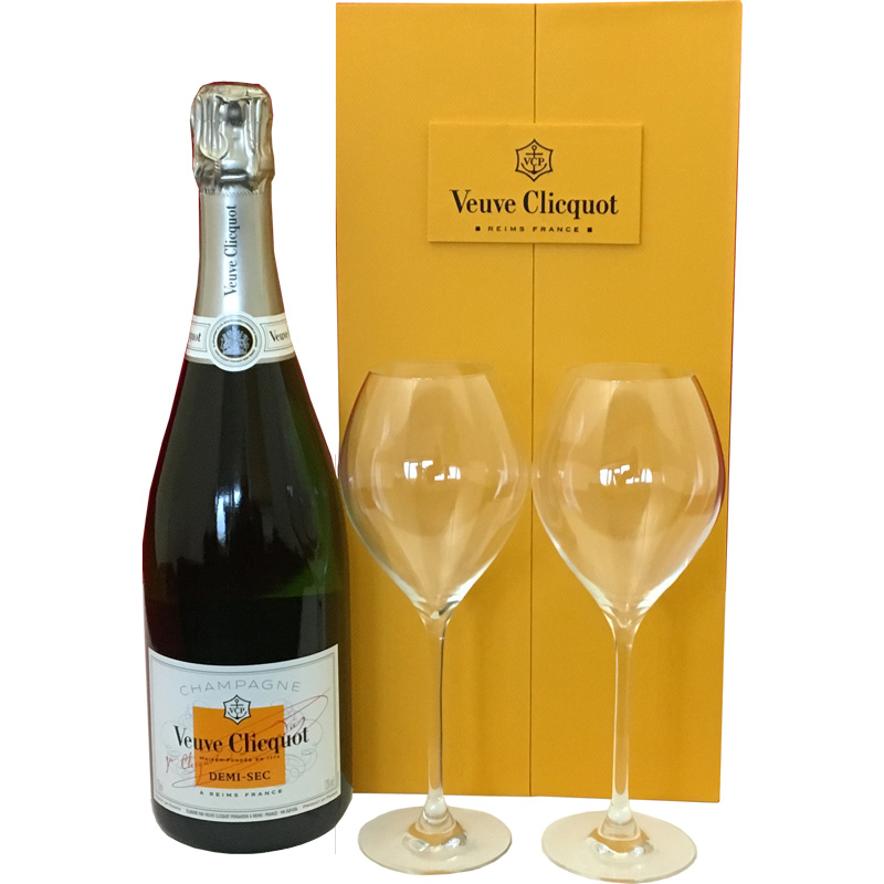 Veuve Clicquot Demi-Sec 75 CL in luxe Geschenkbox met 2 champagneglazen detailfoto Veuve Clicquot Demi-Sec Geschenkbox met glazen