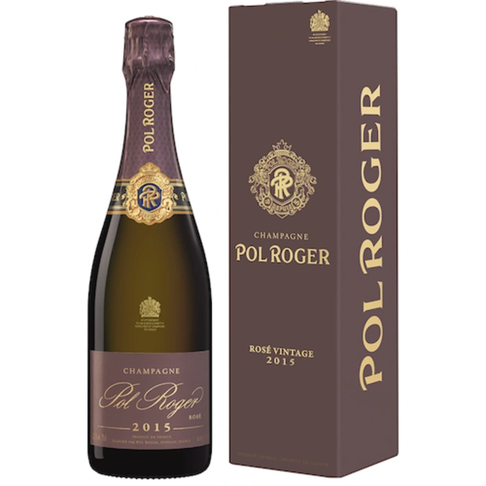 Pol Roger Rosé Vintage 2015 champagnefles van 75 cl naast een bijpassende luxe geschenkverpakking
